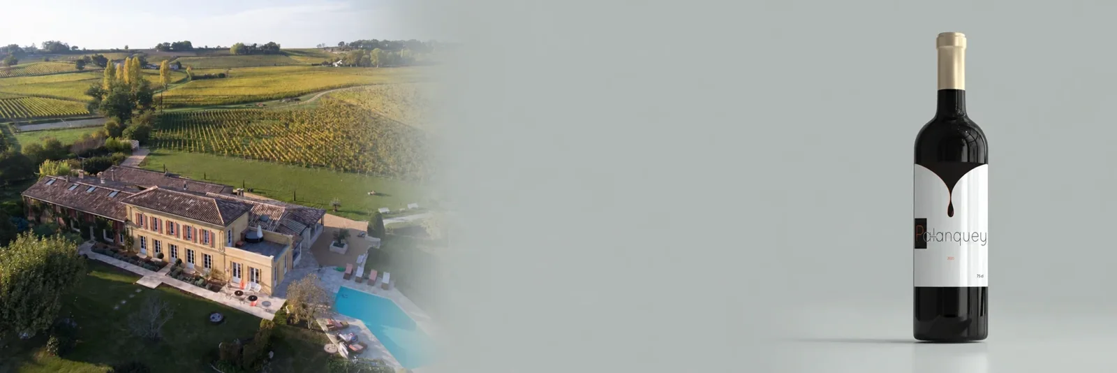 Vue du Château du Palanquey et de ses vignes avec une bouteille de son vin